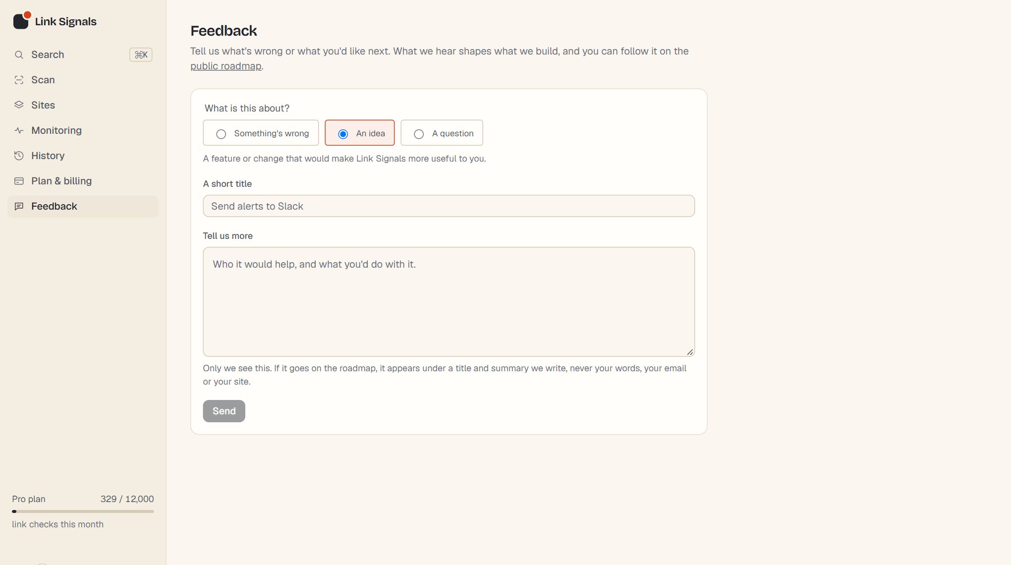 The Link Signals Feedback page with a form to report a problem, suggest an idea or ask a question
