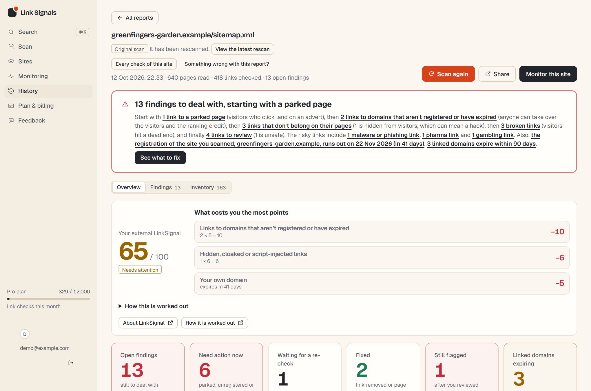 A Link Signals report for a made-up garden site: a headline about a parked page, the site’s external LinkSignal with what costs it the most points, and tiles for open findings, those needing action now and linked domains expiring