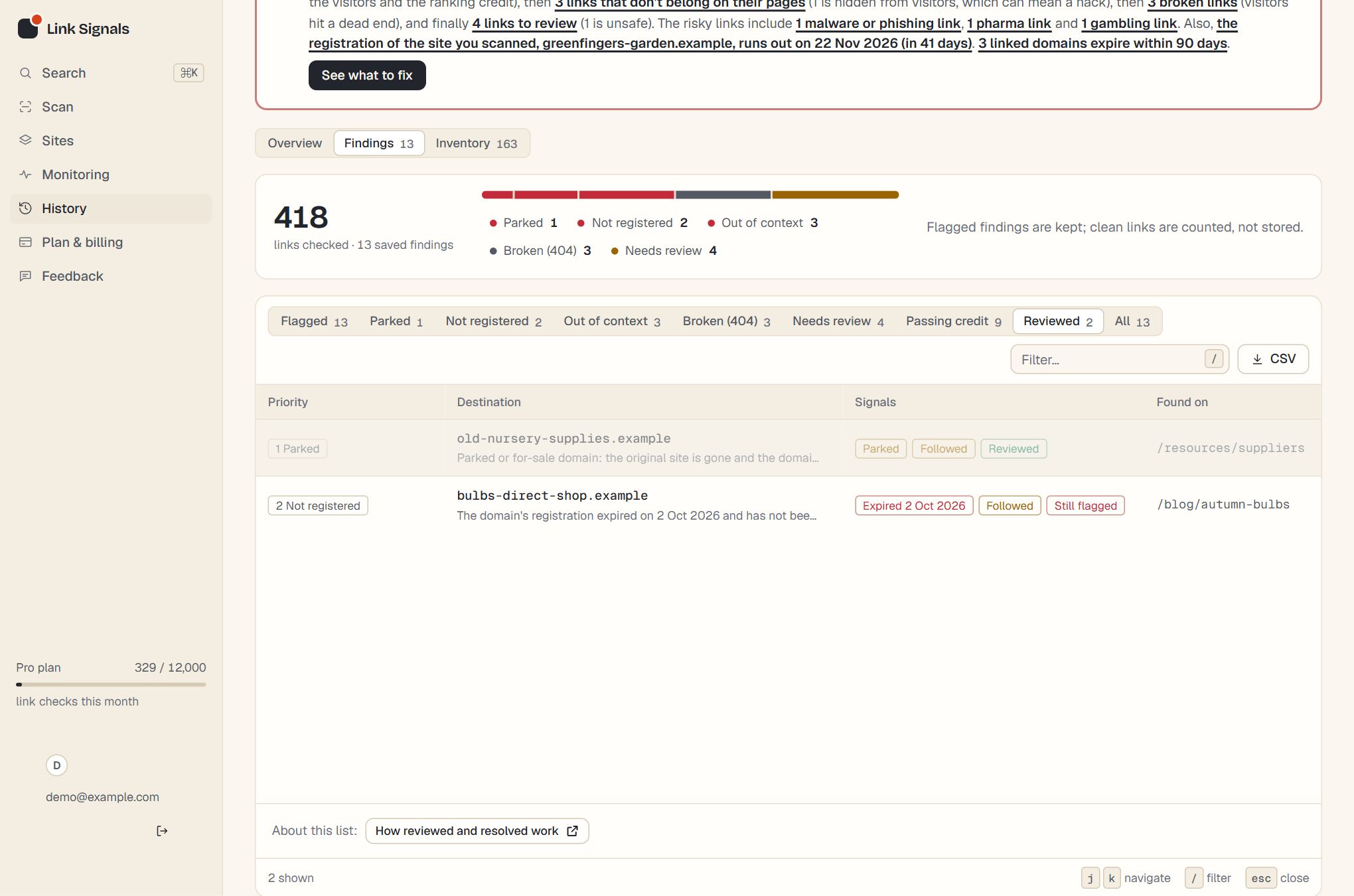 The findings table of a Link Signals report with a reviewed link selected and its review status in the detail panel